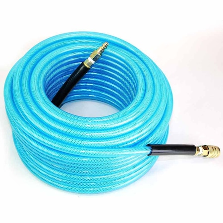 Interstate Pneumatics 3/8 Inch 100 feet Light Blue PU Hose Kit with 1/4 Inch Brass 'S' Coupler and Plug HU16-100H44BS